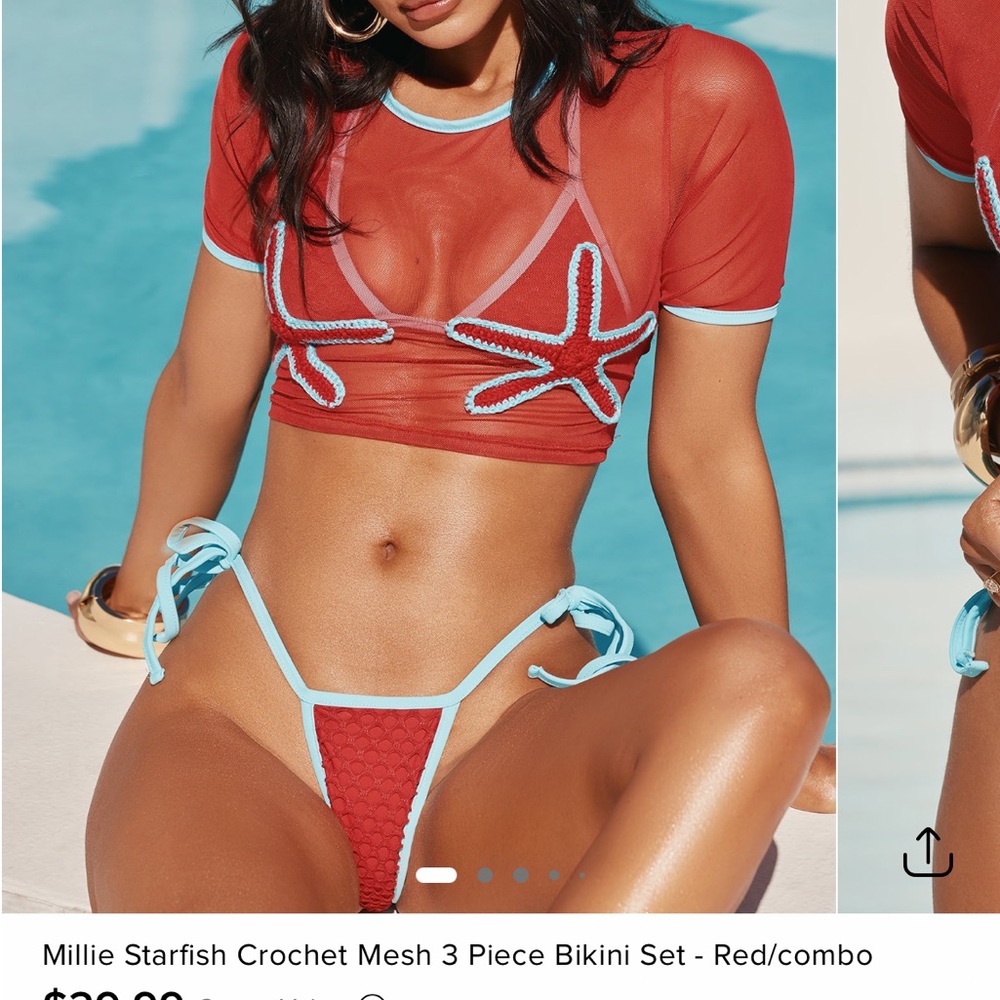 Starfish Crochet Mesh 3 Piece Bikini Set - Red/Blue